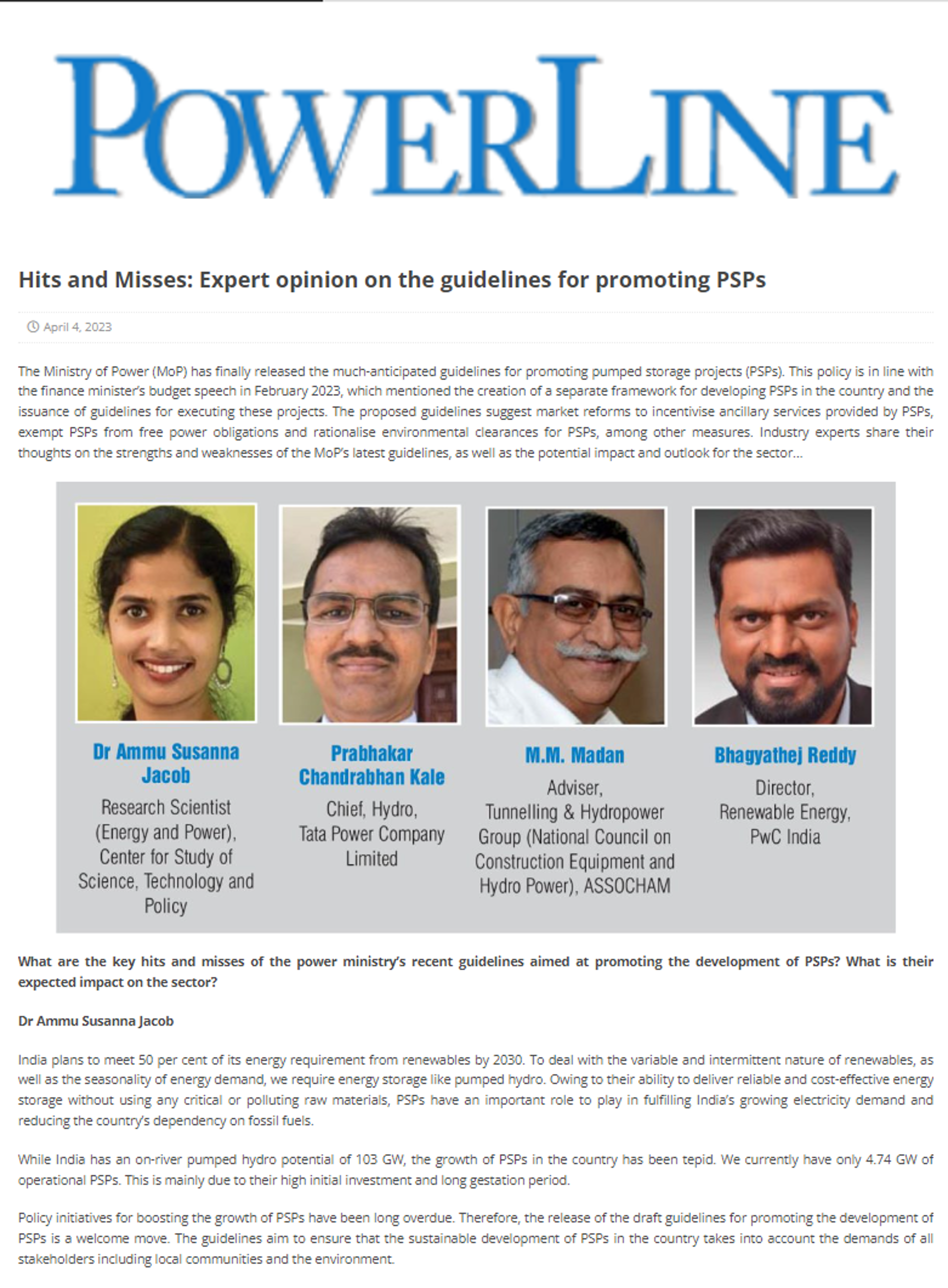 Dr Ammu Susanna Jacob’s perspectives on pumped storage projects featured in Powerline